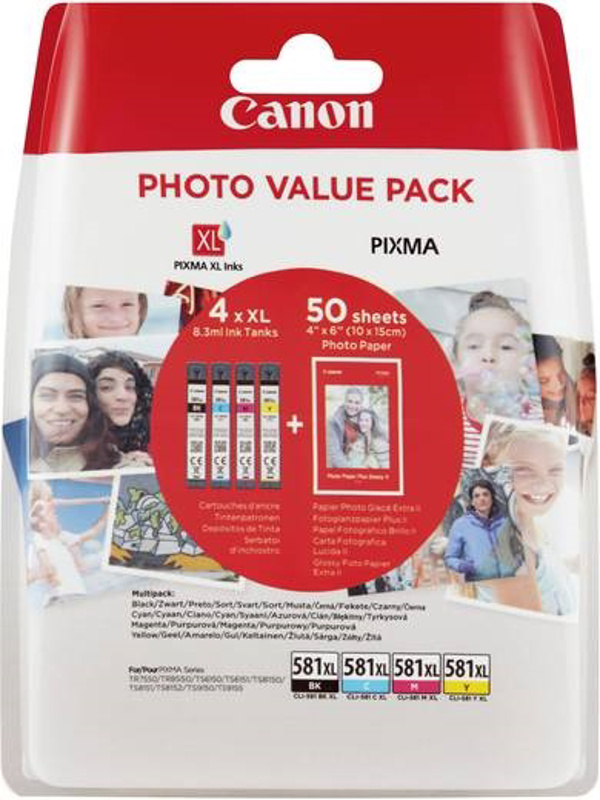 Slika - Canon CLI-581 XL (BK/C/M/Y), original + foto papir (2052C004AA), komplet originalnih kartuš