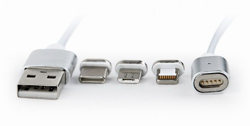 Slika - Gembird USB 2.0 A (M) - Magnetic 8 pin (M) + micro USB (M) + USB C (M), 1m , Silver, kabel