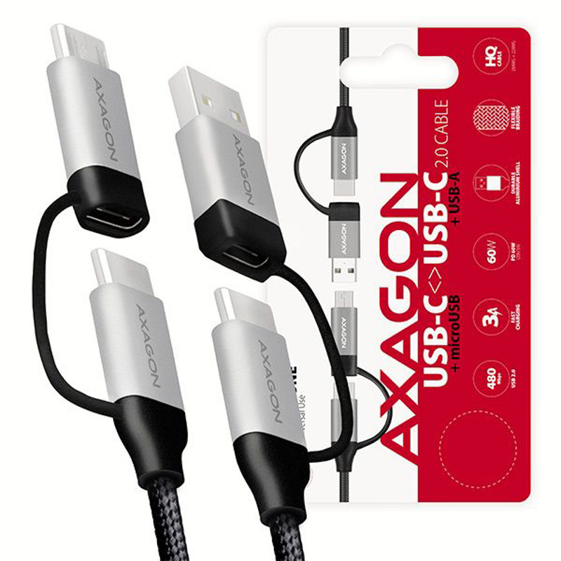Slika - AXAGON 4in1 USB-C 2.0 1m Black/Silver, kabel