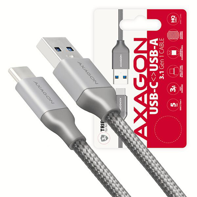 Slika - AXAGON USB-C - USB-A 3.2 Gen 1 0,5m Grey, kabel