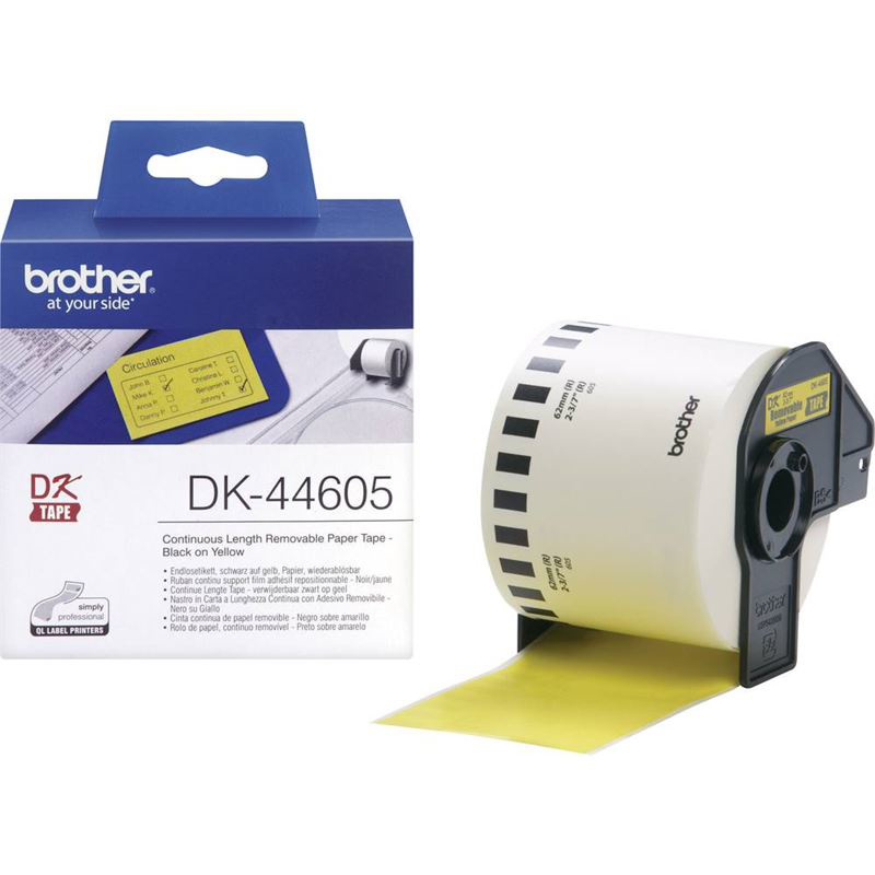 Slika - Brother DK-44605 (62mm x 30,48m) črno na rumeno, odstranljiv etiketni papir