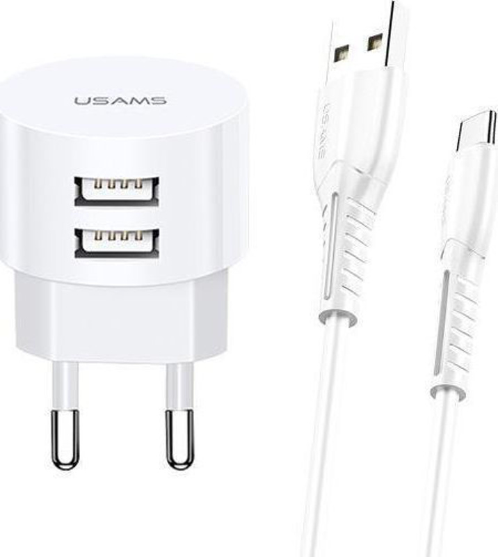 Slika - Usams T20 2.1A 2x USB + Micro USB 1m White, hišni polnilec