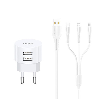 Usams U35 2.1A 2xUSB + Lightning/MicroUSB/USB-C 1m White, hišni polnilec