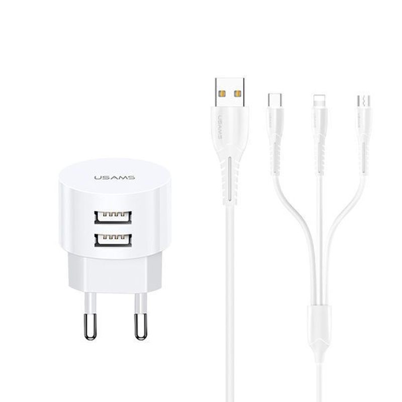 Slika - Usams U35 2.1A 2xUSB + Lightning/MicroUSB/USB-C 1m White, hišni polnilec