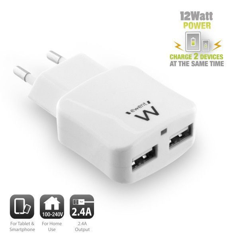 Slika - Ewent EW1302 2USB 2.4A White, hišni polnilec