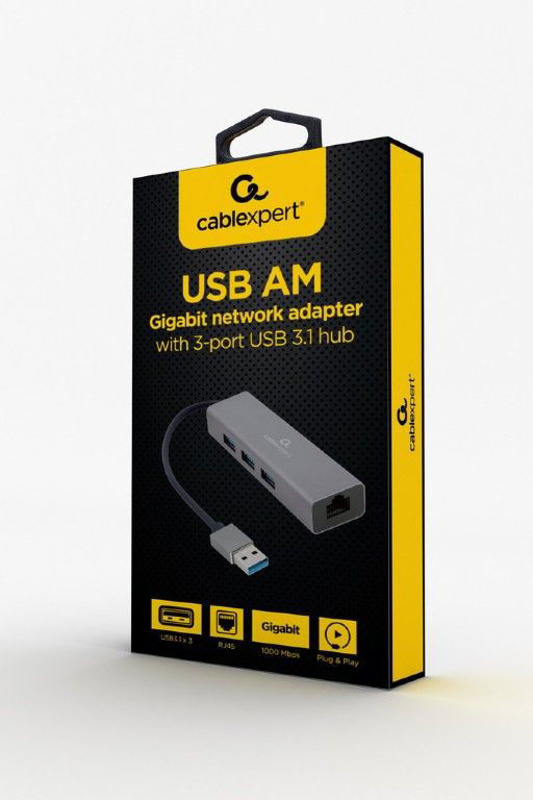Slika - Gembird A-AMU3-LAN-01 Gigabit 3-port USB 3.0 Hub Grey