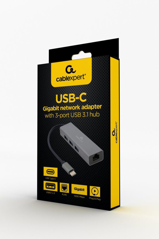 Slika - Gembird A-CMU3-LAN-01 USB C Gigabit 3-port USB 3.1 hub Grey