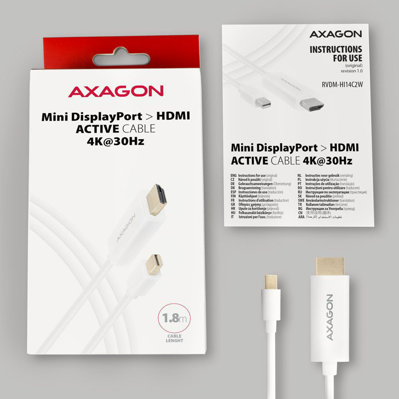 Slika - AXAGON RVDM-HI14C2W mini DisplayPort - HDMI  4K 1,8m White, kabel