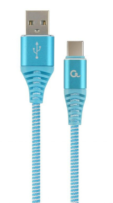 Gembird CC-USB2B-AMCM-1M-VW Premium bombažno pleten USB kabel za polnjenje in prenos podatkov 1 m turkizno modra/bela