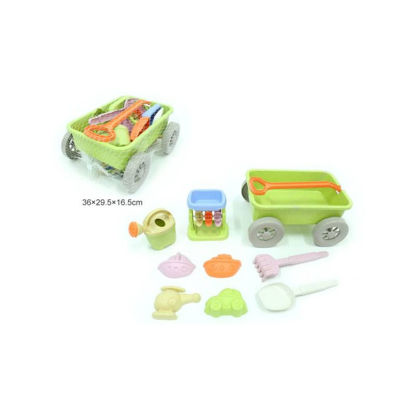 Beach Toys otroški komplet bioplastičnih igral za peskovnik z vozičkom 9-delni, 1x vodni mlin, 1x grablje (grablje), 1x pločevinka, 1x lopata, 4x kalup