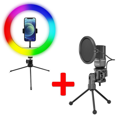 Powerton 10" (26cm) RGB LED Ring light + Marvo MIC-03, stream komplet