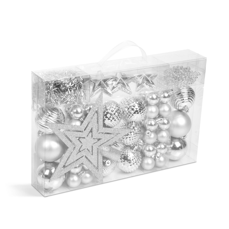 Slika - Komplet okraskov za božično drevo - srebrni - 66 kosov