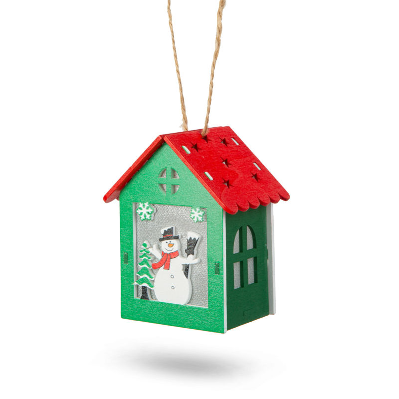 Slika - Božična LED dekor hiška - topla bela - les - 2 vrsti - 7,5 x 9,5 x 5,5 cm