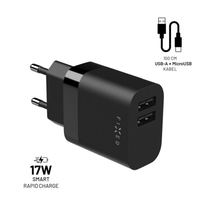 FIXED FIXC17N-2UM-BK Dual potovalni polnilnik USB 17 W + kabel USB/micro USB, črna