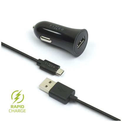 FIXED FIXCC-UM-BK komplet avtopolnilnika z USB izhodom in USB/micro USB kablom, 1 meter, 12W črn