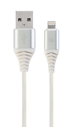 Gembird CC-USB2B-AMLM-1M-BW2 Lightning Premium bombažno pleten 8-polni polnilni in podatkovni kabel 1 m srebrno/bel