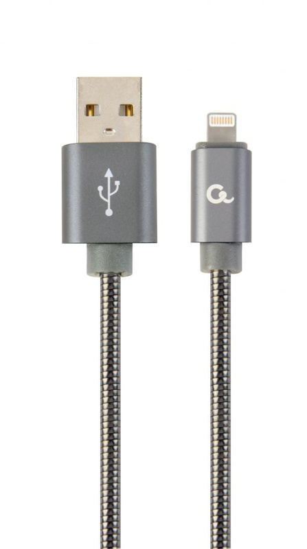 Slika - Gembird CC-USB2S-AMLM-2M-BG Lightning Premium spiralni kovinski 8-polni polnilni in podatkovni kabel 2 m kovinsko siv