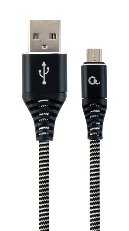 Slika - Gembird CC-USB2B-AMmBM-2M-BW Premium bombažno pleten microUSB polnilni in podatkovni kabel 2m črno/bel