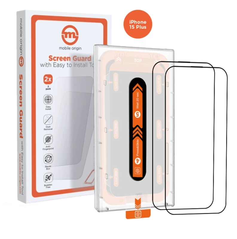 Slika - Mobile Origin Orange Screen Guard iPhone 15 Plus z enostavnim nanašanjem, 2 x zaščitno steklo