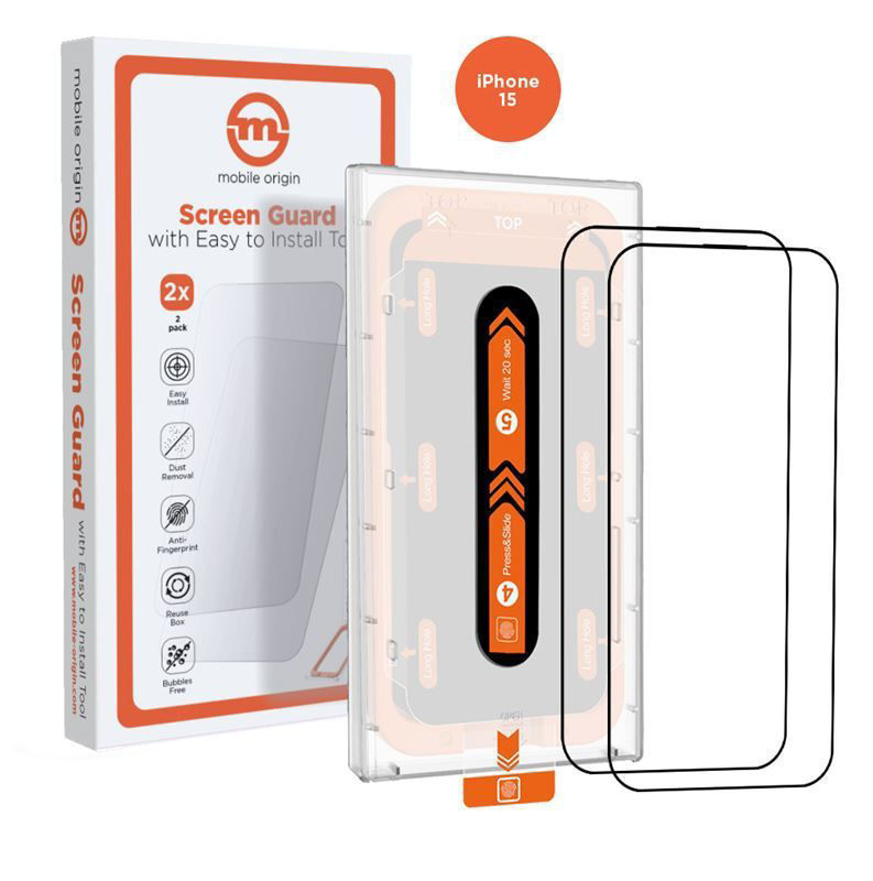 Slika - Mobile Origin Orange Screen Guard iPhone 15 z enostavnim aplikatorjem 2x zaščitno steklo