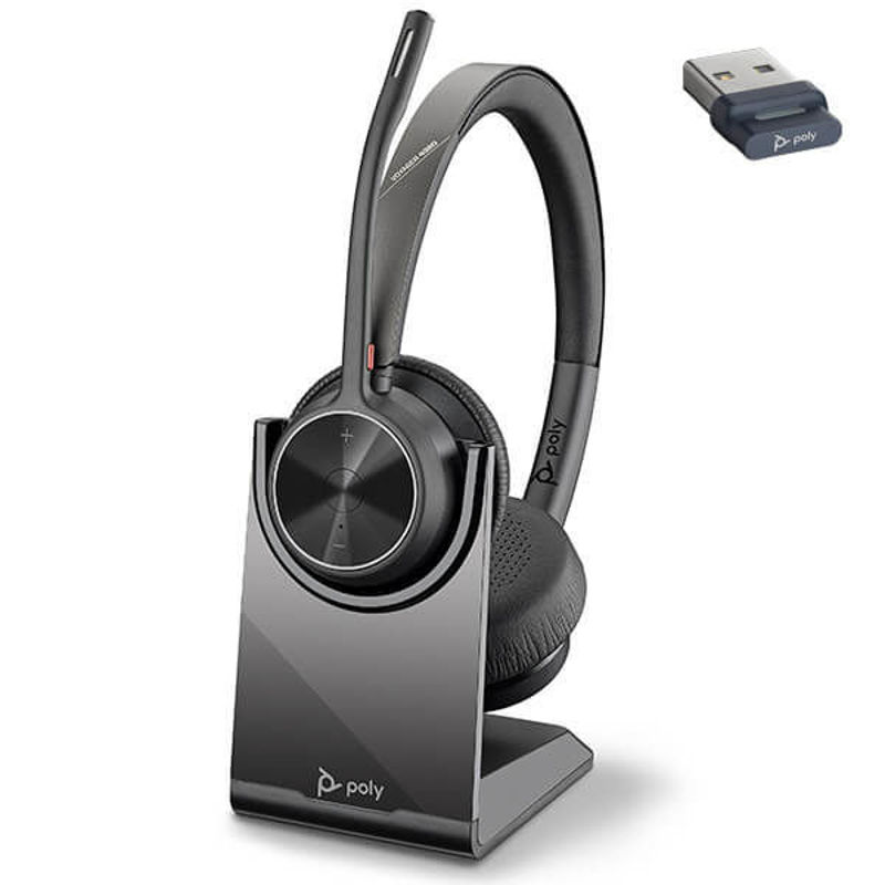 Slika - Brezžične Bluetooth slušalke Poly Plantronics Voyager 4320 UC črne (218476-01) 77Y99AA s stojalom