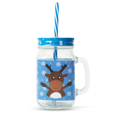 Otroški Bozični stekleni skodelici s pokrovom in slamico - 2 kosa - Jelenček in Božiček za tople napitke