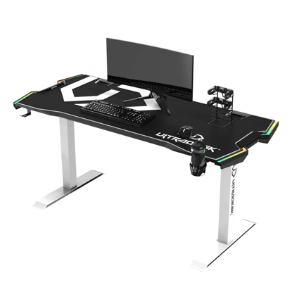 ULTRADESK Gaming miza FORCE SNOW - bela, 166x70 cm, 66-86 cm, 5 nivojev višine, z XXL podlogo za miško, RGB osvetlitev, držalo za pijačo in slušalke