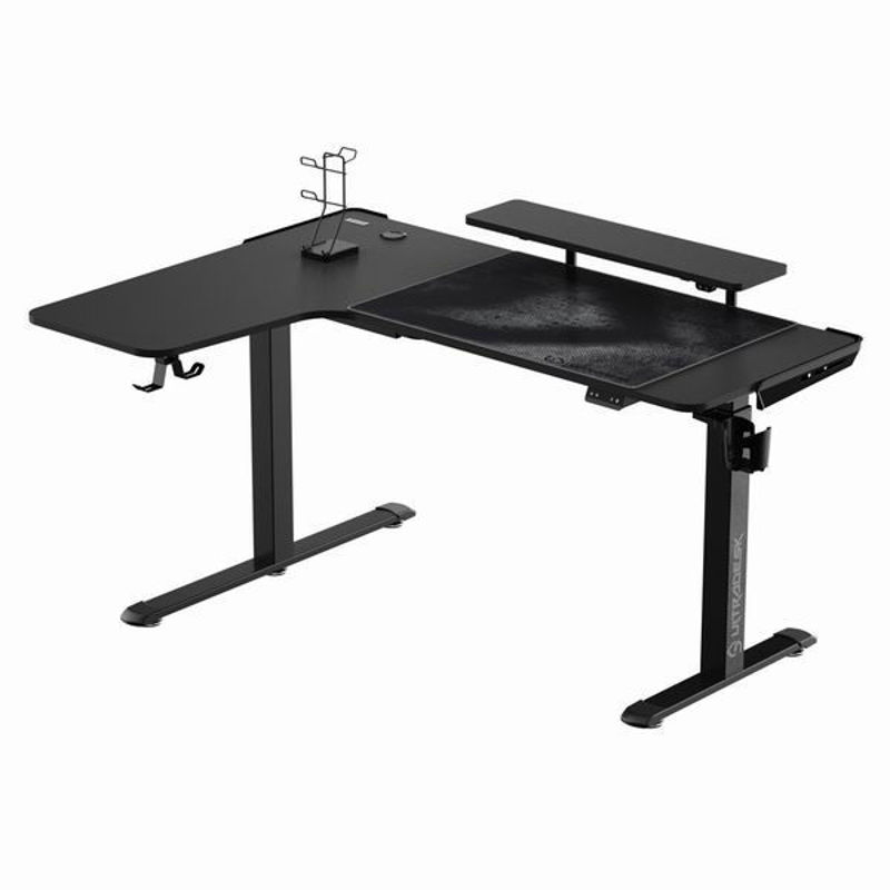 Slika - ULTRADESK Gaming miza WINGER - črna, 111x155x60 cm, 75-122 cm, elektronsko nastavljiva, RGB osvetlitev, držalo za slušalke