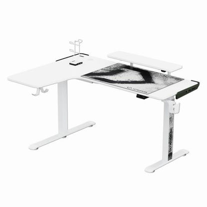 ULTRADESK Gaming miza WINGER - bela, 111x155x60 cm, 75-122 cm, elektronsko nastavljiva, RGB osvetlitev, držalo za slušalke