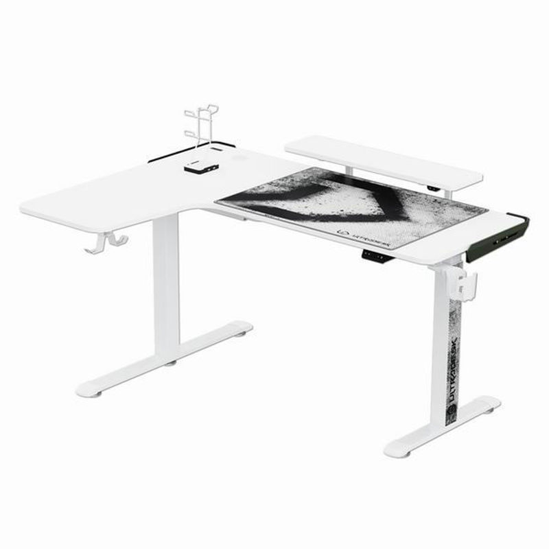 Slika - ULTRADESK Gaming miza WINGER - bela, 111x155x60 cm, 75-122 cm, elektronsko nastavljiva, RGB osvetlitev, držalo za slušalke