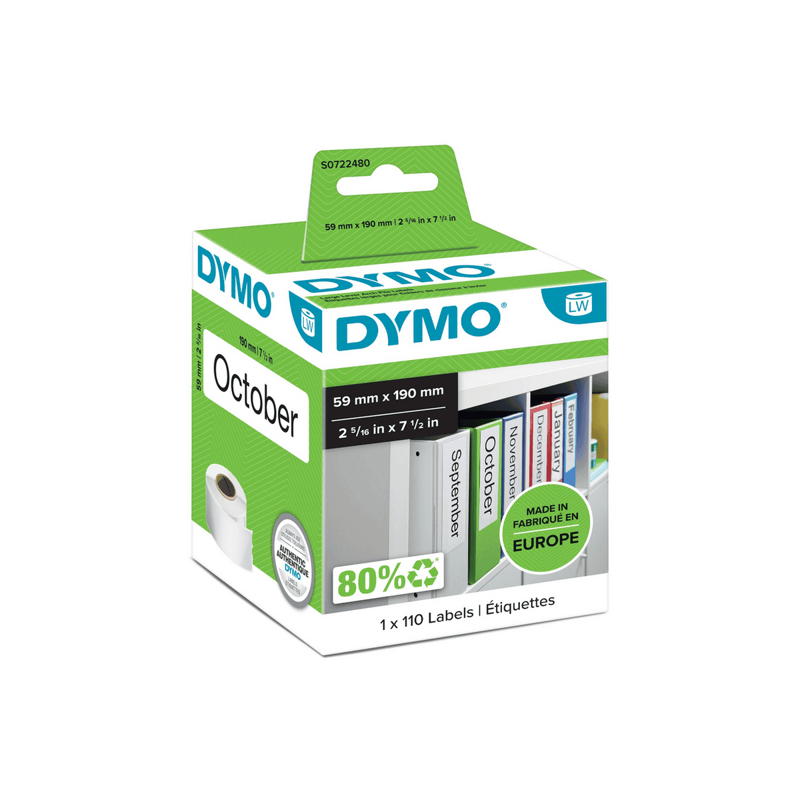 Slika - DYMO 99019 (S0722480) bele naslovne nalepke 59 × 190 mm, 110 kosov, za tiskalnike LabelWriter, etikete