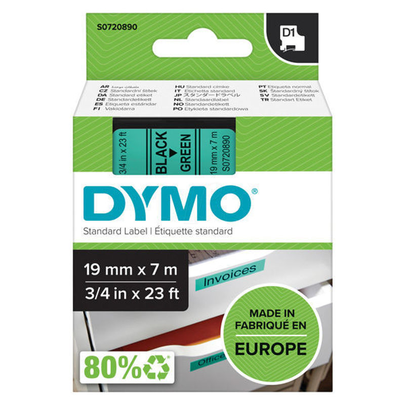Slika - Dymo 45809 (S0720890) D1 črna na zeleno 19mm x 7m, etikete