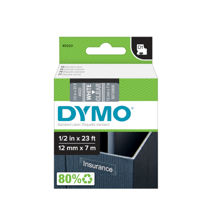 Slika - Dymo 45020 (S0720600) D1 bela na prozorno 12mm x 7m, etiketa