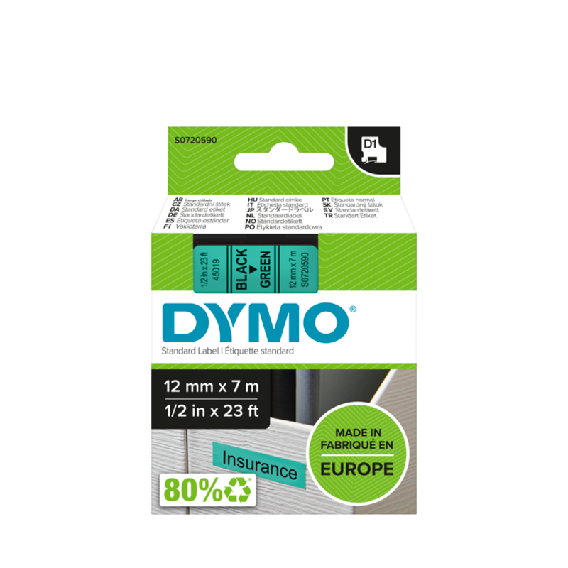 Slika - Dymo 45019 (S0720590) D1 črna na zeleno 12mm x 7m, etikete