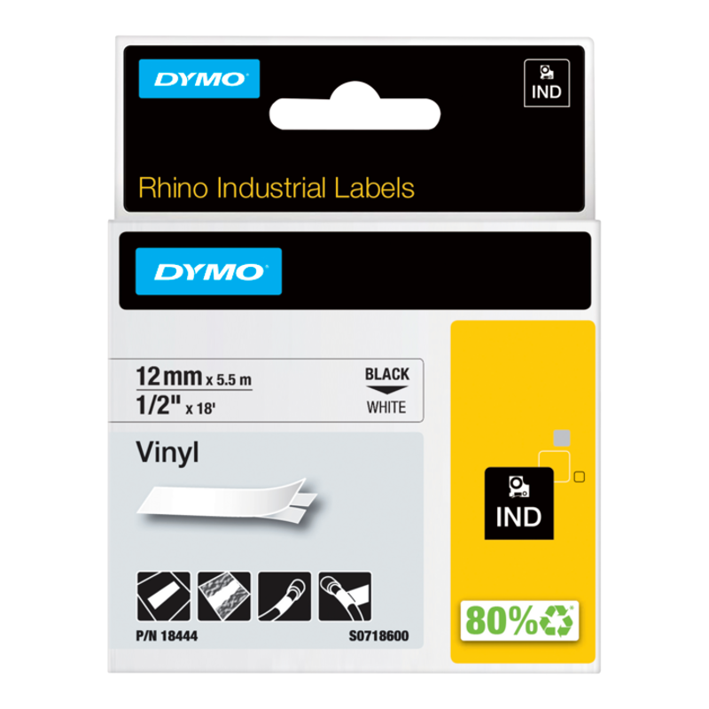 Slika - Dymo 18444 (S0718600)  RHINO vinil profi D1 črno na belo 12mm x 5,5m , etikete