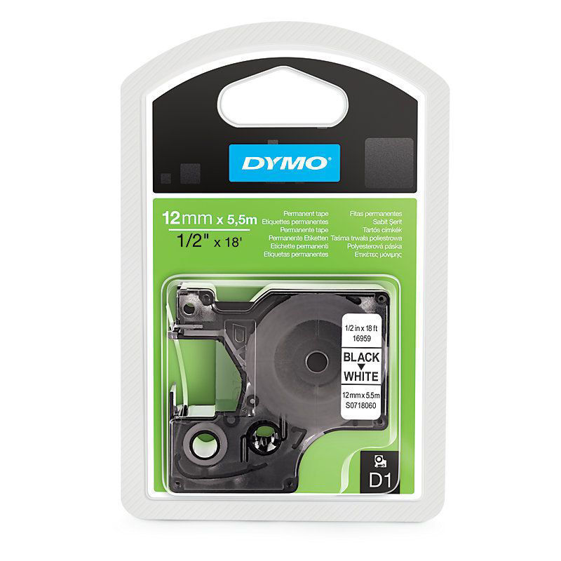 Slika - Dymo 16959 (S0718060) 5,5m x 12mm črno na belo D1, poseben - permanentni poliester pisalni trak