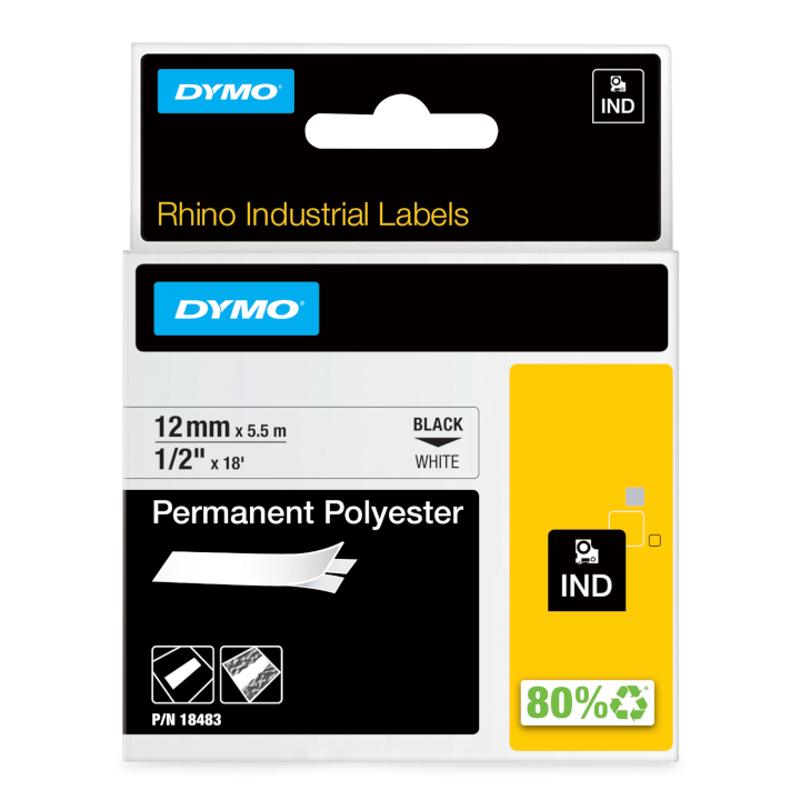 Slika - Dymo 18483 RHINO 12mm x 5,5m črno na belo permanentni poliester D1 etiketa