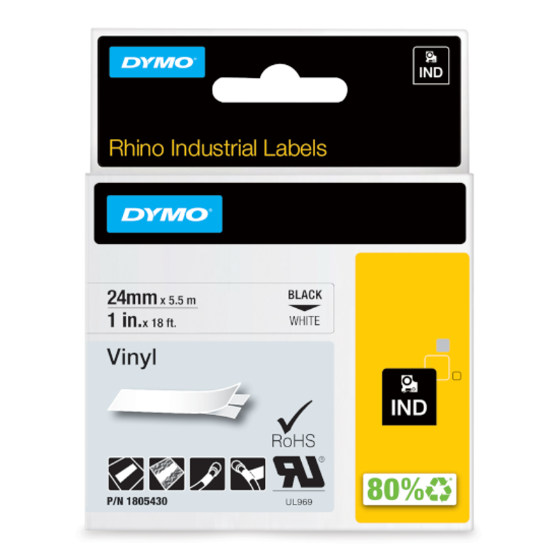 Slika - Dymo 1805430 RHINO vinil profi D1 črna na belo XXL 24mm x 5,5m