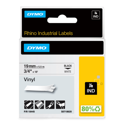 Dymo 18445 (S0718620) RHINO vinil profi D1 19mm x 5,5m črno na belo etikete