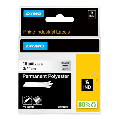 Dymo 622290 RHINO permanentni poliester D1 črno na prozorno 19mm x 5.5m