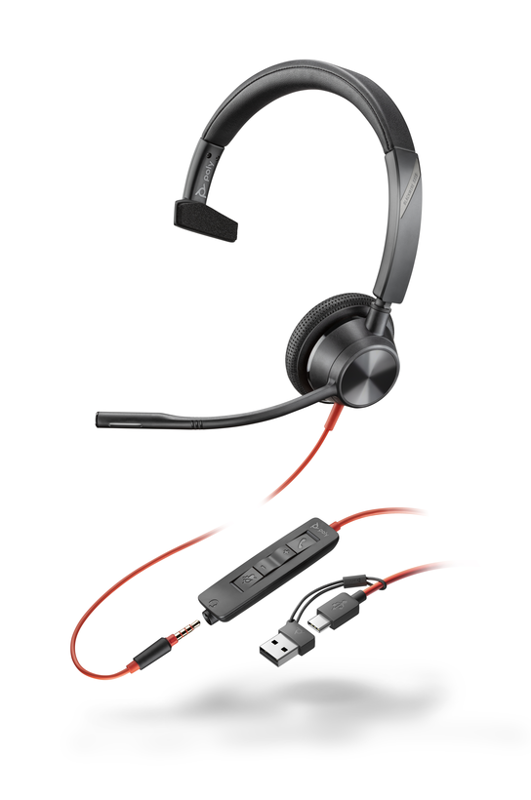 Slika - Poly Blackwire 3310 USB‑C mono slušalke (8X217AA) – z USB‑A adapterjem in 3,5 mm priključkom