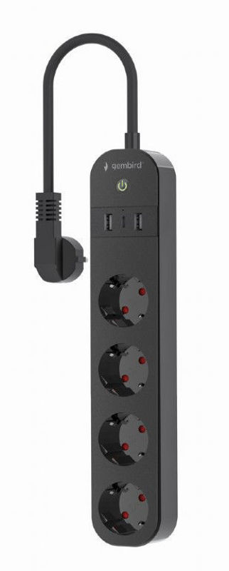 Slika - Gembird TSL-PS-S4U-01 pametni podaljšek z USB A/C  polnilnikom, 4 vtičnice, črn