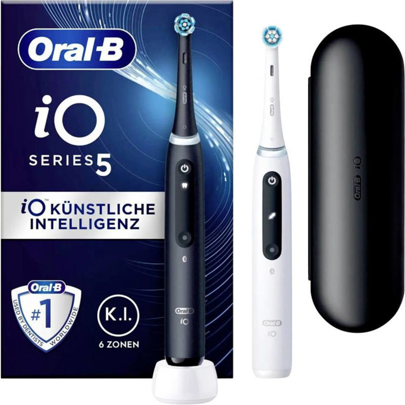 Slika - Oral-B iO Serija 5 Duopack, črno-bele električne zobne ščetke, 2 zobni ščetki, 1 potovalni etui