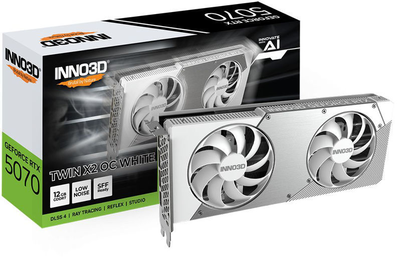 Slika - Inno3D GeForce RTX 5070 Twin X2 OC 12GB GDDR7, 192-bit, 1x HDMI / 3x DP, bela (N50702-12D7X-195064W) grafična kartica
