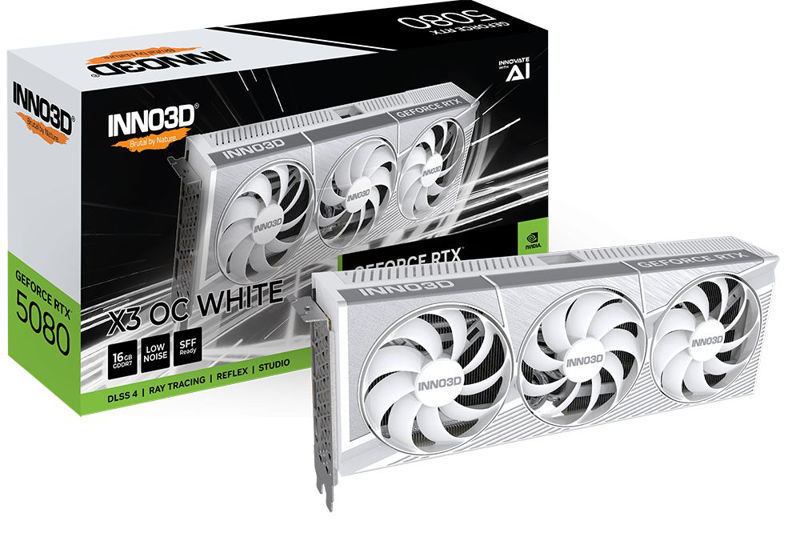 Slika - Inno3D GeForce RTX 5080 X3 OC 16GB GDDR7, 256-bit, 1x HDMI / 3x DP, bela (N50803-16D7X-17605211) grafična kartica